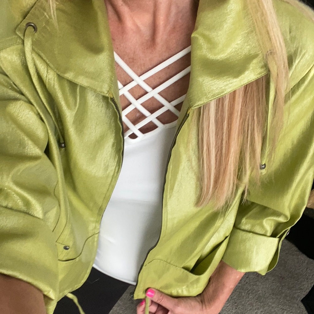 Gorgeous metallic jacket.  Lime grease size 14
